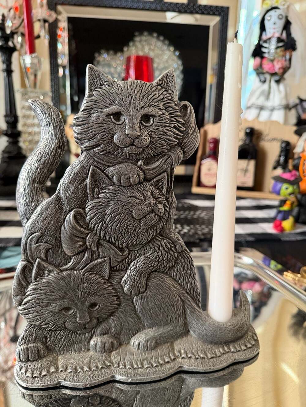 Carson Pewter Momma And 2 Kittens Cat Figurine Candle Holder